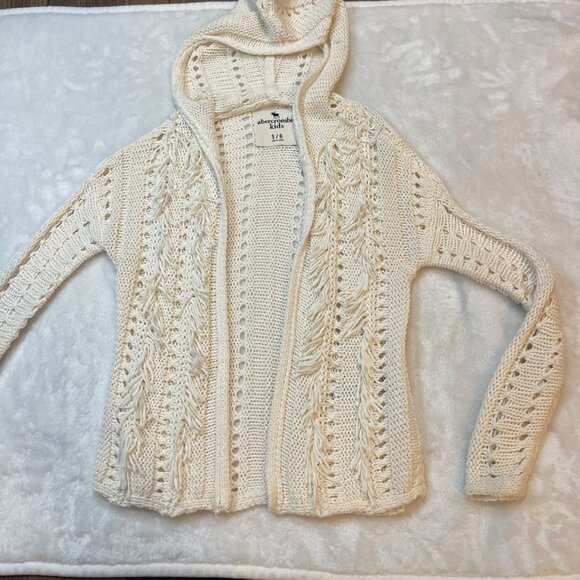 Abercrombie Kids Hooded Cardigan Sweater Girls Size 5/6 Fringe Loose Knit Cotton - Picture 7 of 10